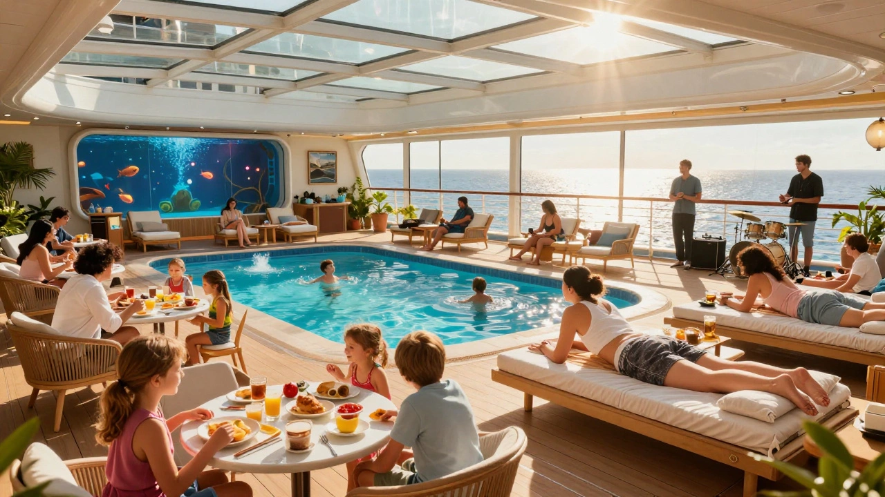 Пассажиры на круизном лайнере наслаждаются завтраком, плаванием и развлечениями во время пути.