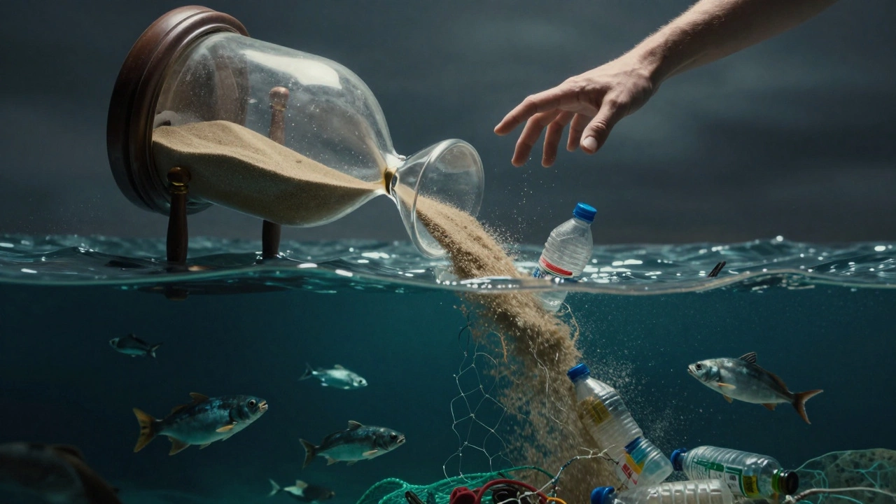 Песочные часы с пластиком над Средиземным морем, рыбы исчезают внизу.