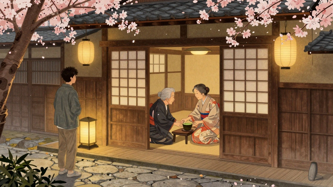 Посетитель в кимоно пьет чай в древнем японском чаепитии, окруженный традиционными фонарями и цветущими сакурами.