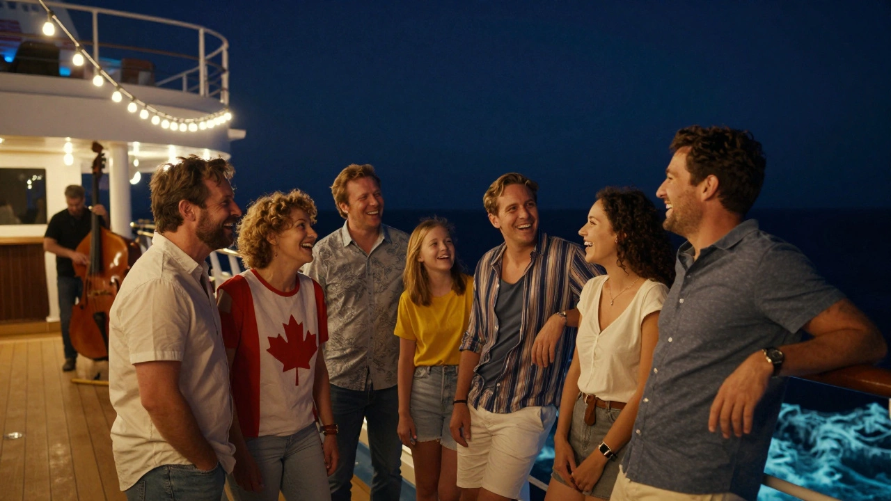 Разные люди смеются на палубе ночью под звездами, без телефонов, в окружении огней и джазовой музыки.