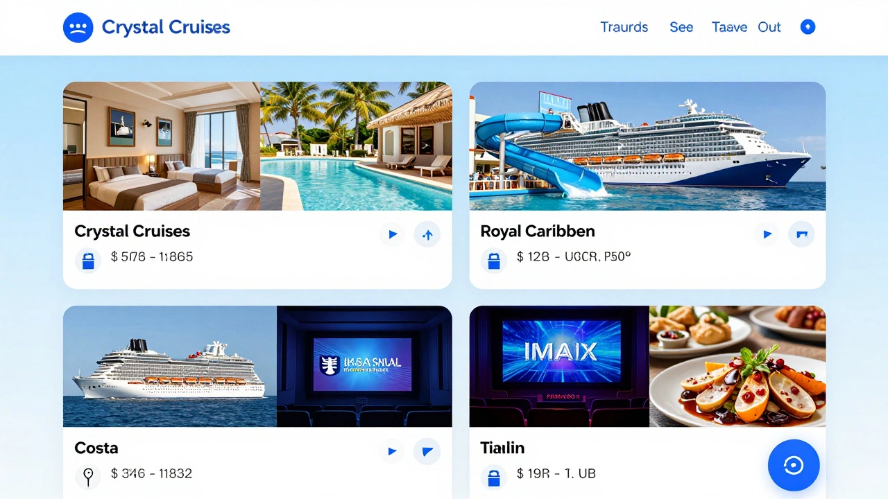 Сравнение четырёх круизных линий: Crystal, Carnival, Royal Caribbean, Costa с визуальными особенностями.
