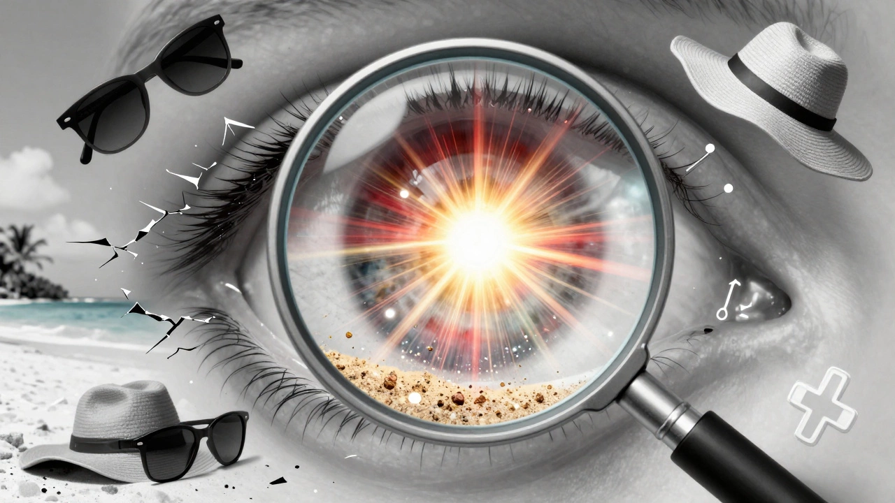 Увеличенное изображение глаза с расширенным зрачком, через который бьётся яркий свет, вокруг — разбитые очки и шляпа.