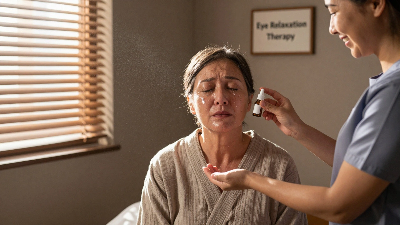 В спа-салоне туристу вручают капли для глаз, а солнце пробивается через жалюзи.