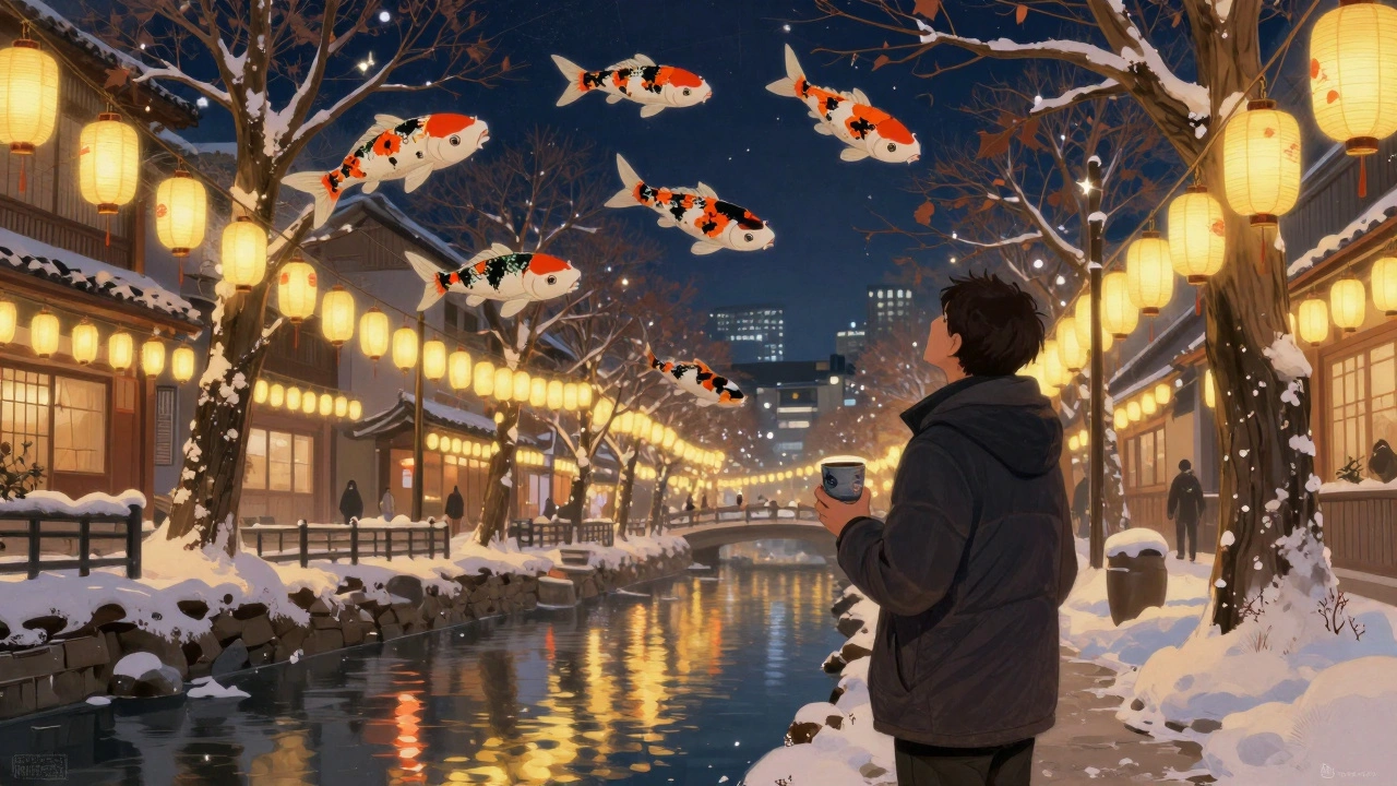 Зимний фестиваль огней в Токио: люди стоят под светящимися деревьями, держа горячие чашки саке на снегу.