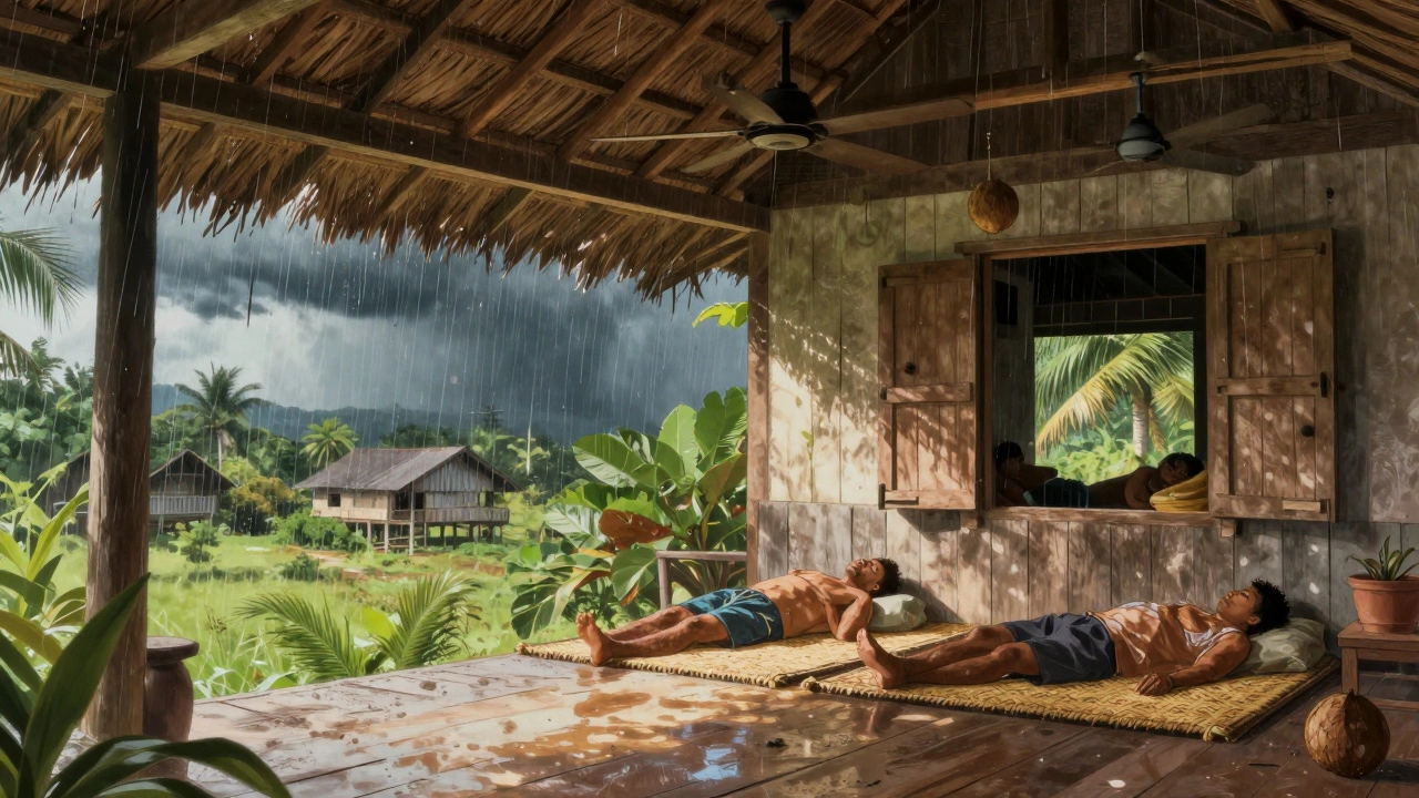 Жители деревни отдыхают в полдень, за окном льётся тропический дождь, солнечные блики играют на крыше.