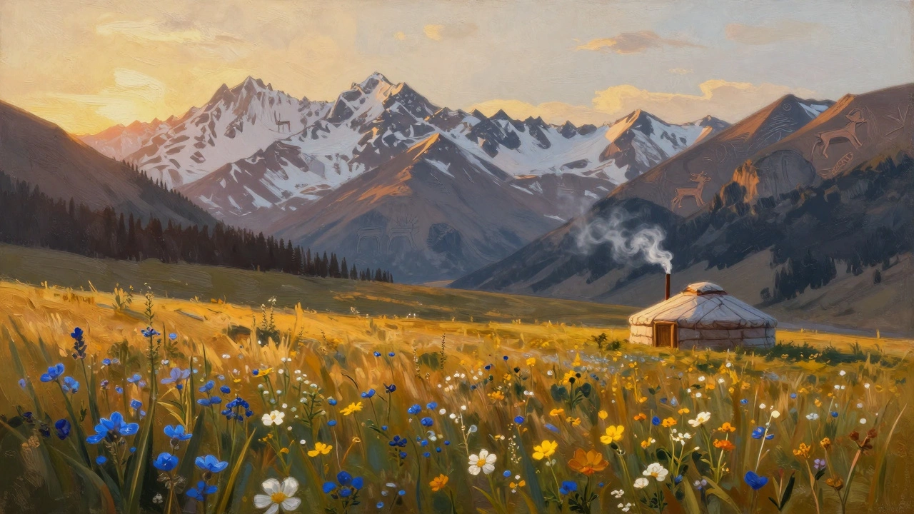 Алтайские горы на закате: цветущие альпийские луга, древние петроглифы и юрта в тени скал.