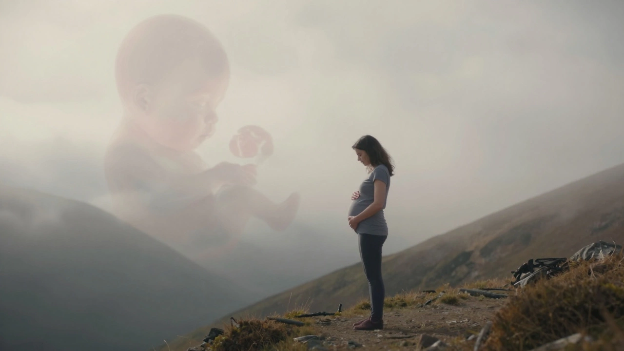 Беременная женщина на горном перевале, туман окутывает её и тонкую тень ребёнка.