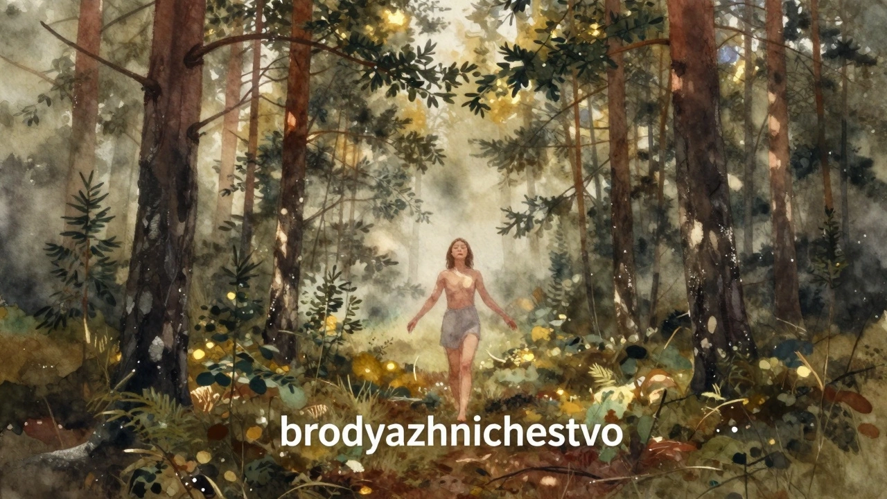 Человек идет босиком по лесу, закрыв глаза, символизируя свободу и отсутствие плана.