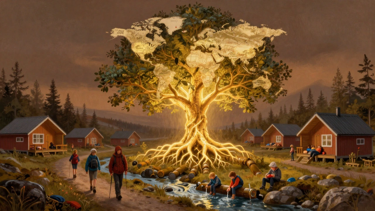 Дерево из нефтяных труб с корнями в финансах и людьми, отдыхающими в природе.