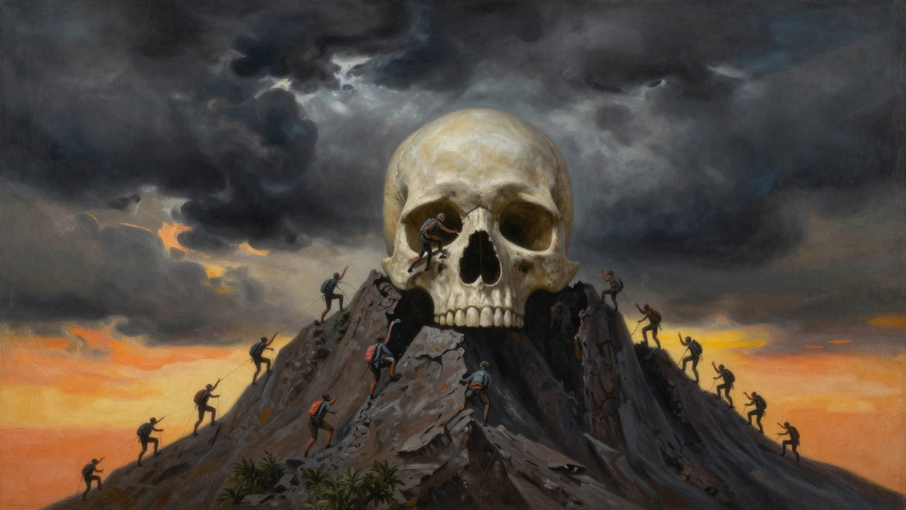 Гора в форме черепа с крошечными альпинистами, один падает в трещину, другие идут вверх.