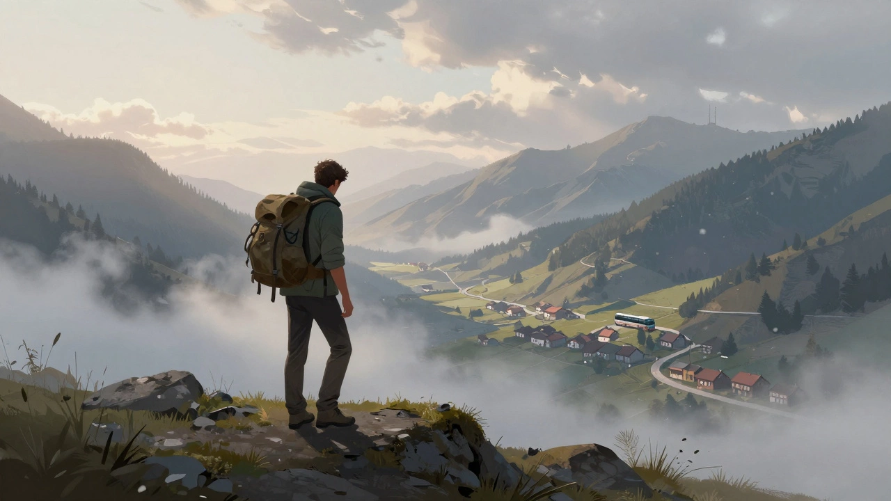 Одинокий путешественник на горном хребте, смотрящий на далёкие курортные комплексы.