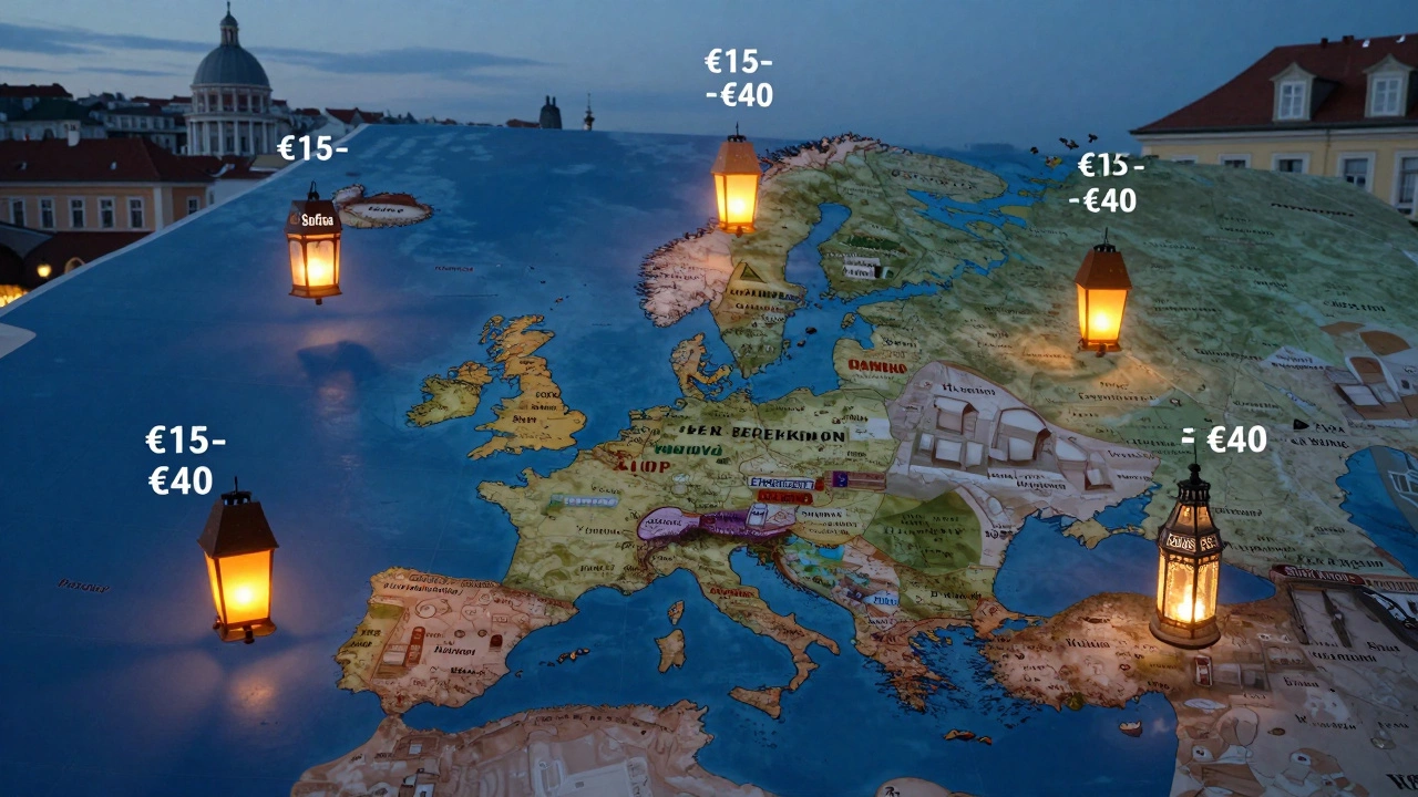 Пять светящихся фонариков над картой Европы, обозначающих самые доступные страны