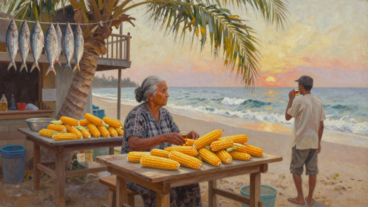 Пожилая женщина продает вареную кукурузу у моря, на заднем плане — сушащаяся рыба и старые дома.