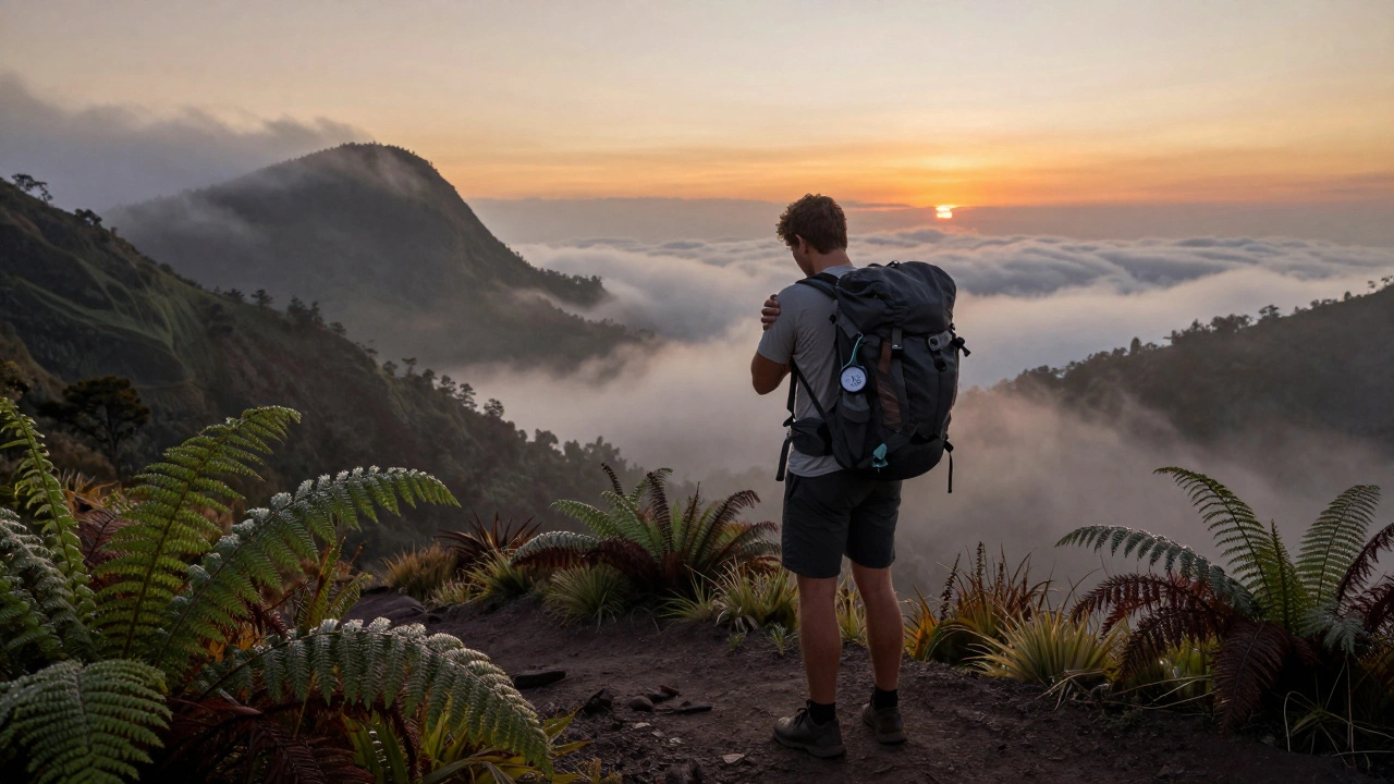 Путешественник на горной тропе в Коста-Рике, одетый только в футболку, ощущает холод на рассвете, вокруг туман и папоротники.