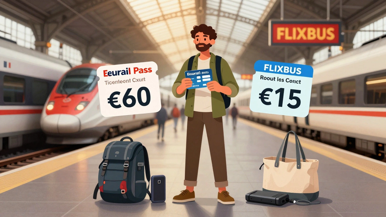 Путешественник в европейском вокзале с проездным Eurail и двумя вариантами транспорта