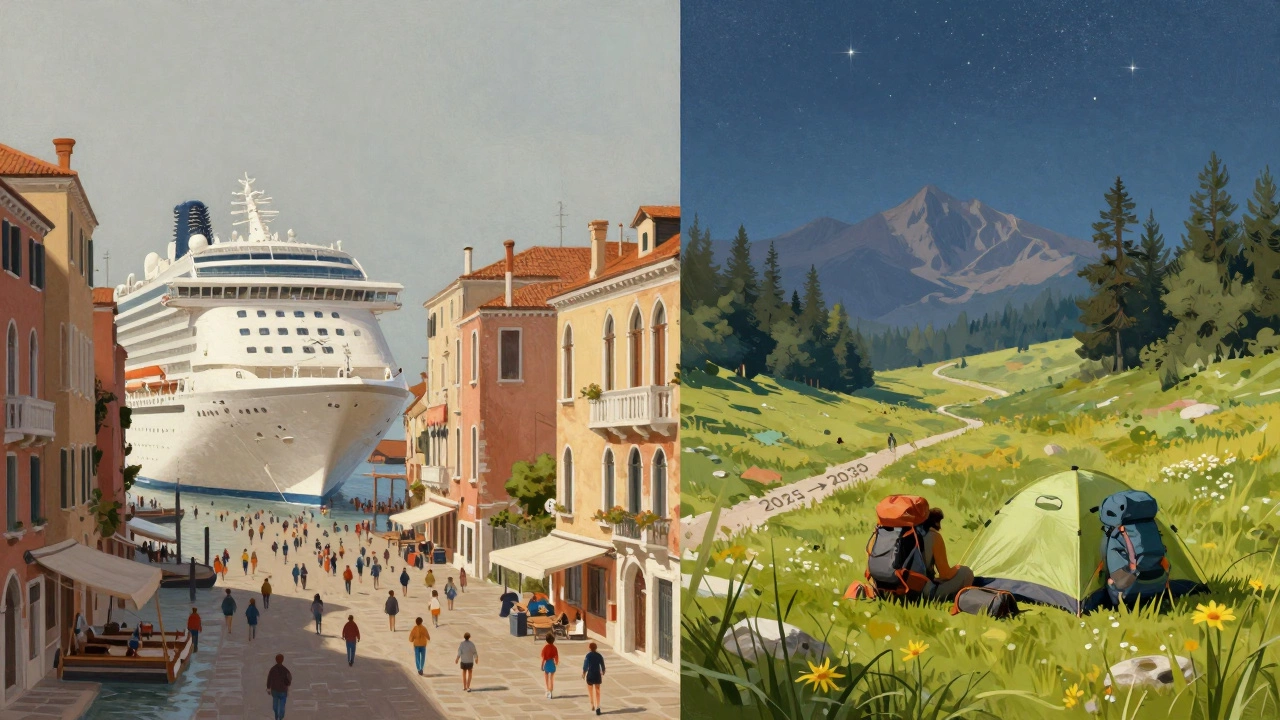 Разделённый пейзаж: переполненный Венеция слева, тихая горная долина справа.