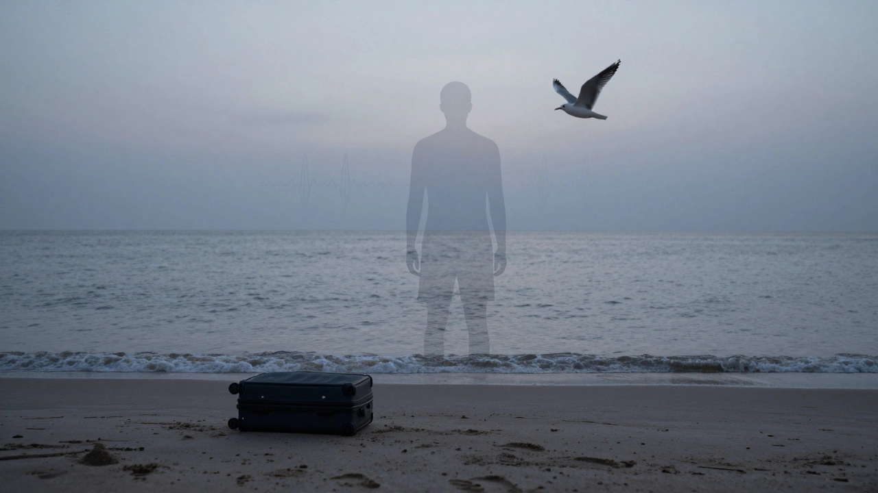 Силуэт человека у воды, внутри него — тихое море и небо, чемодан пуст на песке.