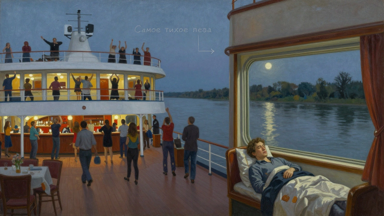 Сравнение шумной верхней палубы и тихой средней каюты на теплоходе.