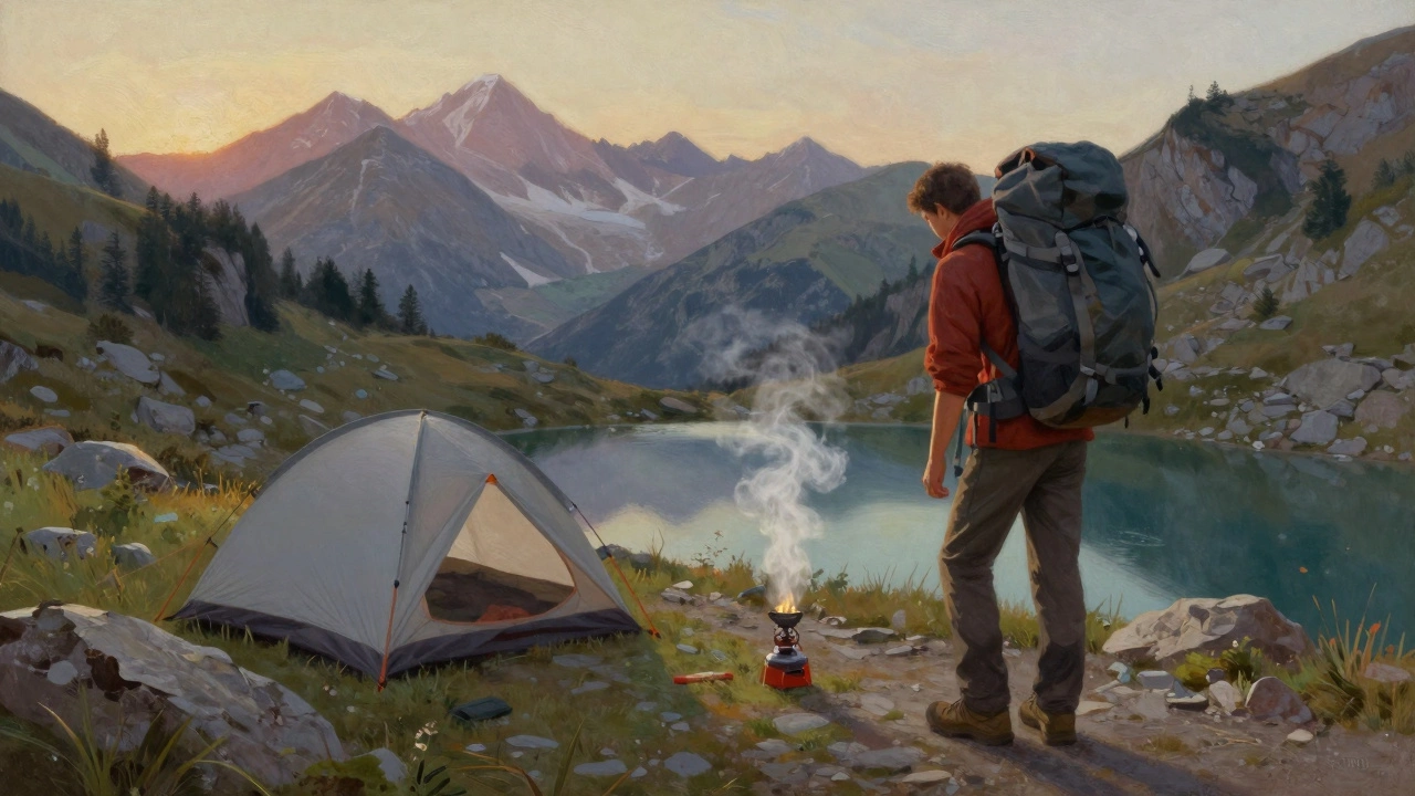 Турист устанавливает палатку у горного озера в Кавказских горах на рассвете.