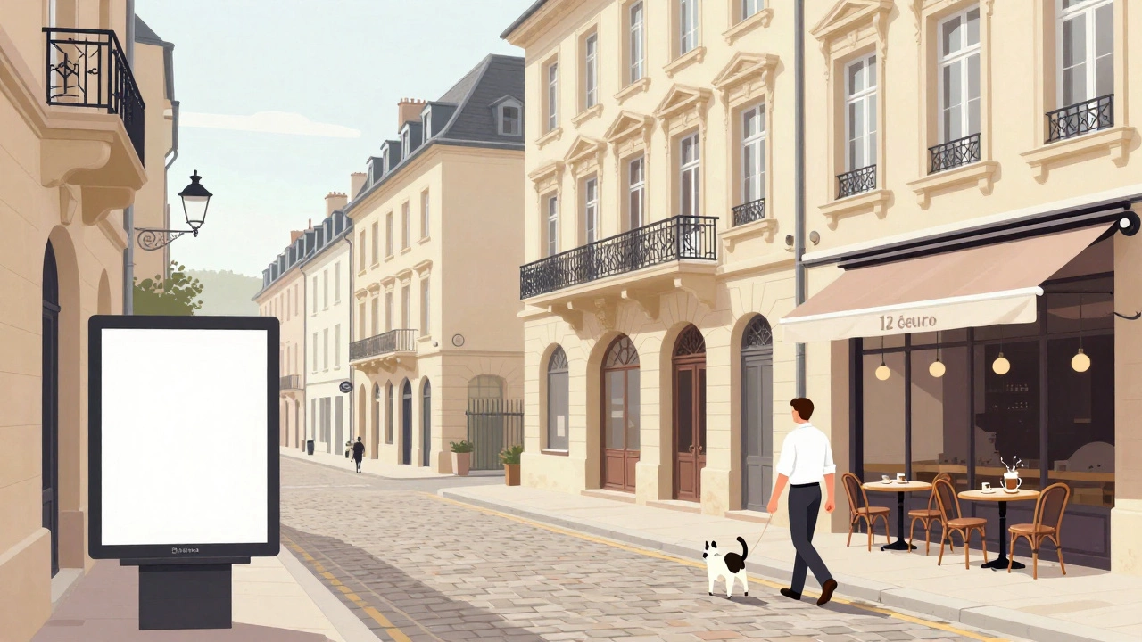 Улица Люксембурга с безупречными зданиями, кафе и человеком в белой рубашке.