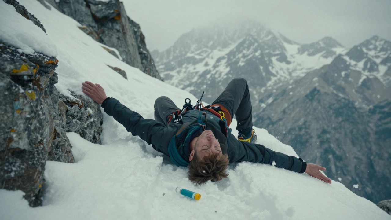 Юноша с астмой падает на тропе в горах, ингалятор лежит в снегу.