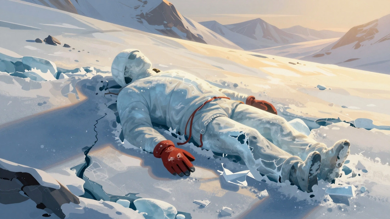 Замерзшее тело альпиниста, частично обнаженное тающим ледником в Гималаях.