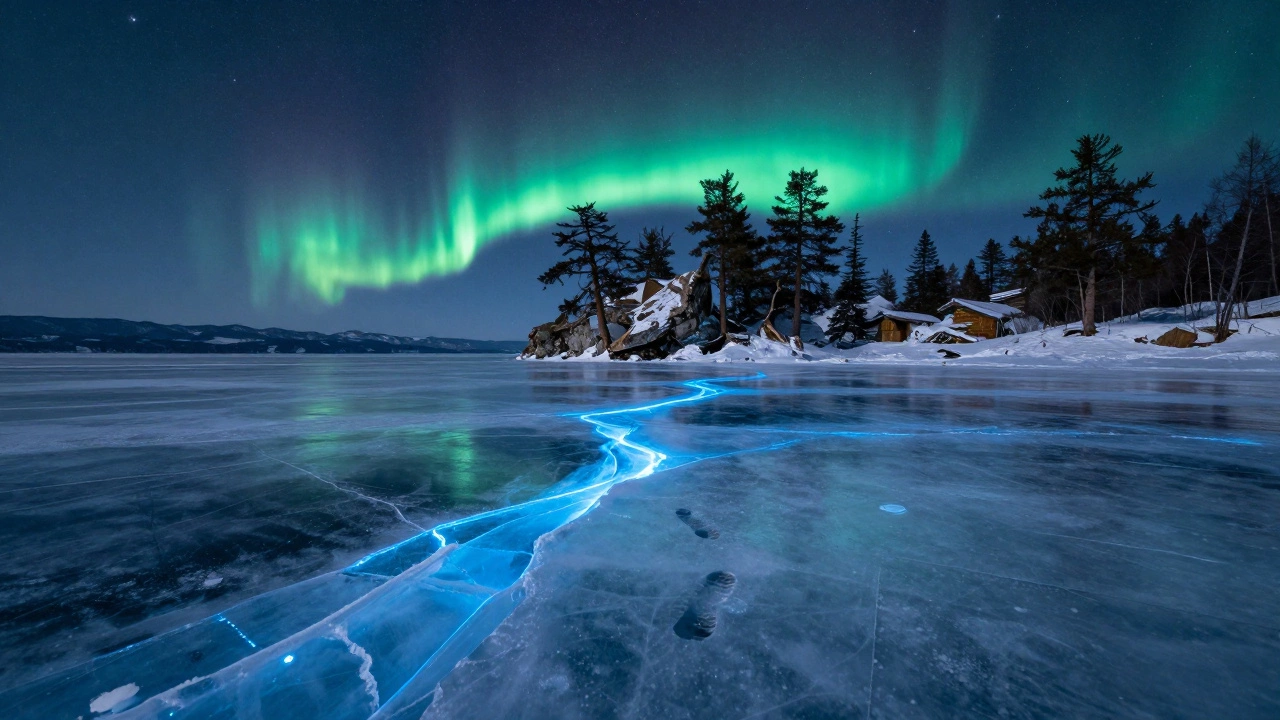 Зимний Байкал: прозрачный лёд с синими трещинами, звёздное небо и силуэты кедров на фоне северного сияния.