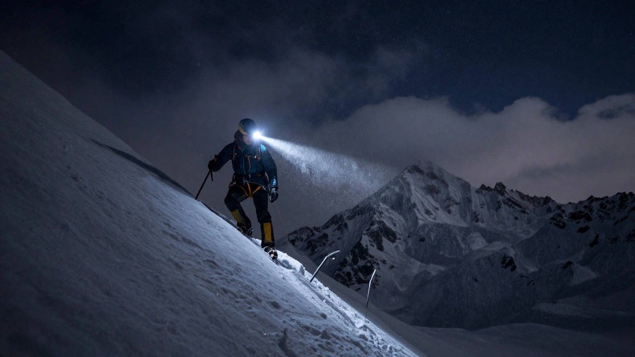 Альпинист поднимается по снежному склону Эльбруса ночью в метель, с фонариком.