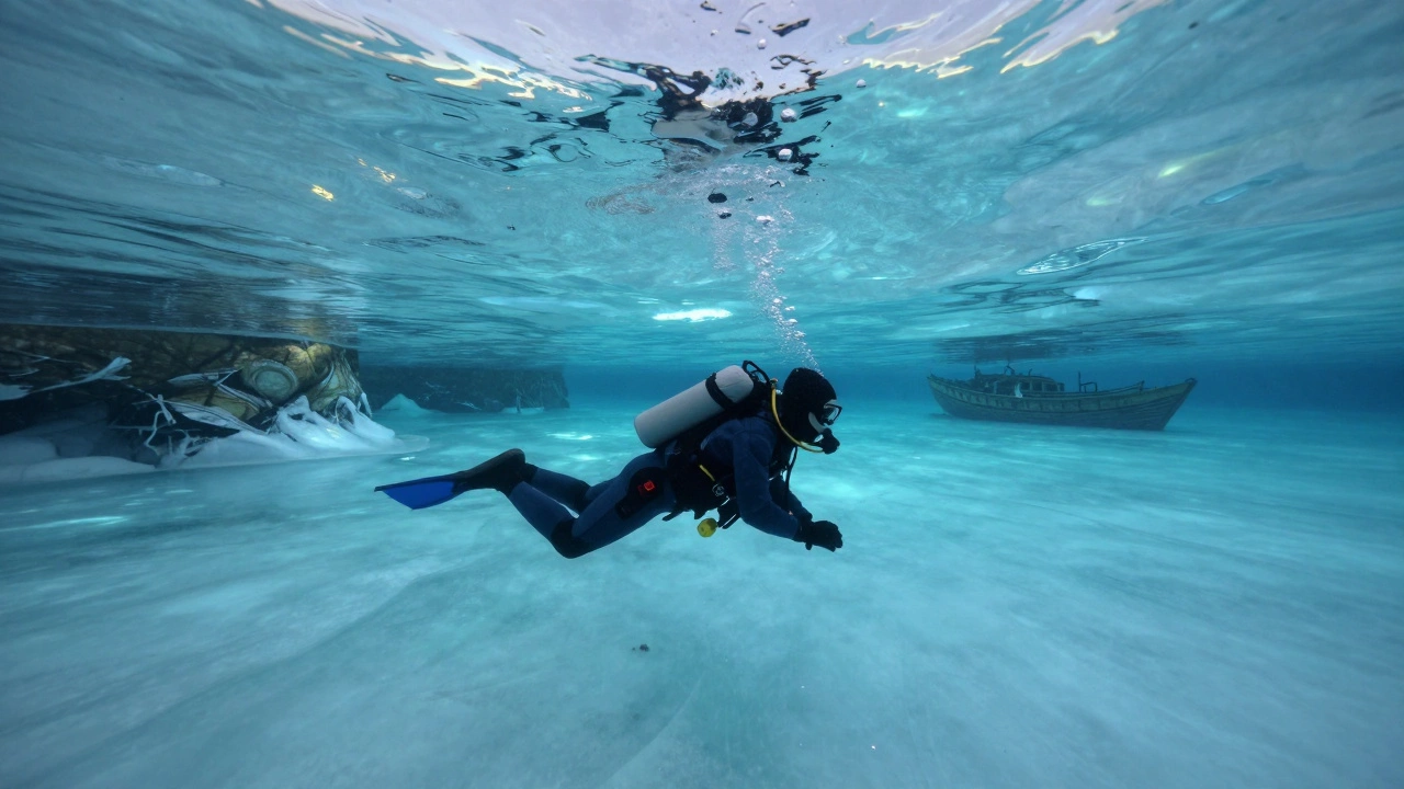 Дайвер под льдом Байкала плывёт в прозрачной воде среди древних скал