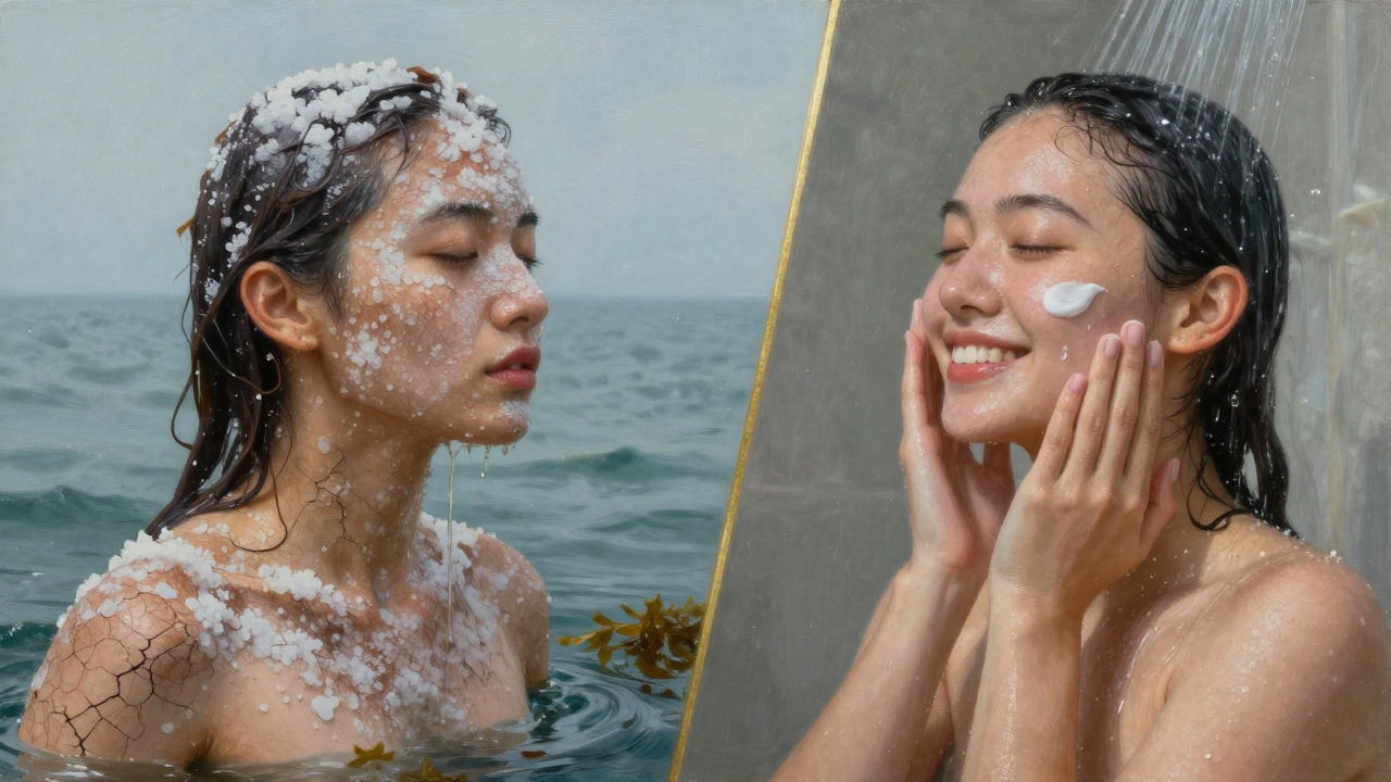 Двусторонняя сцена: слева — сухая, раздражённая кожа после моря, справа — увлажнённая и здоровая кожа после душа, символизирующая выбор заботы.