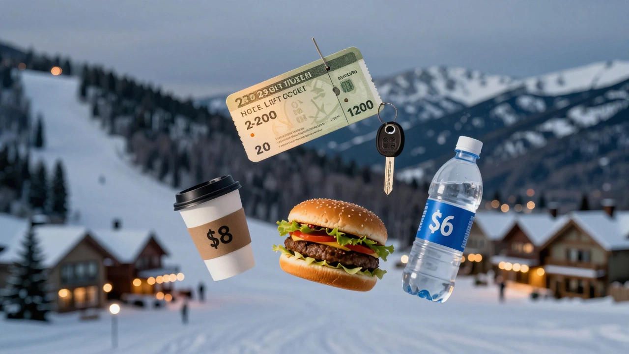 Фиктивная композиция: билет за 0, ключ от отеля, кофе, бургер и вода парят над горами Аспена.