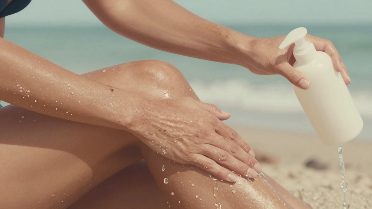 Крупный план кожи после морского купания: видны кристаллы соли и остатки водорослей, ладонь поливает кожу пресной водой.