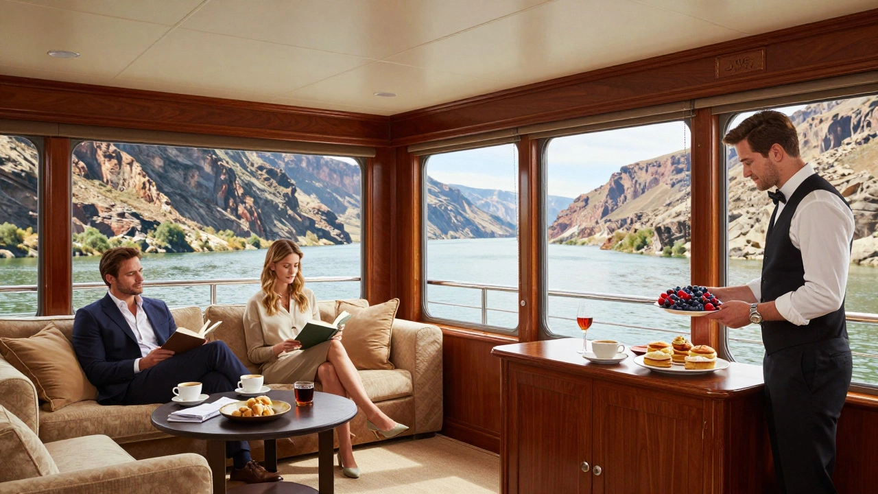 Люксовая каюта речного судна с панорамными окнами и террасой, пара отдыхает с кофе.