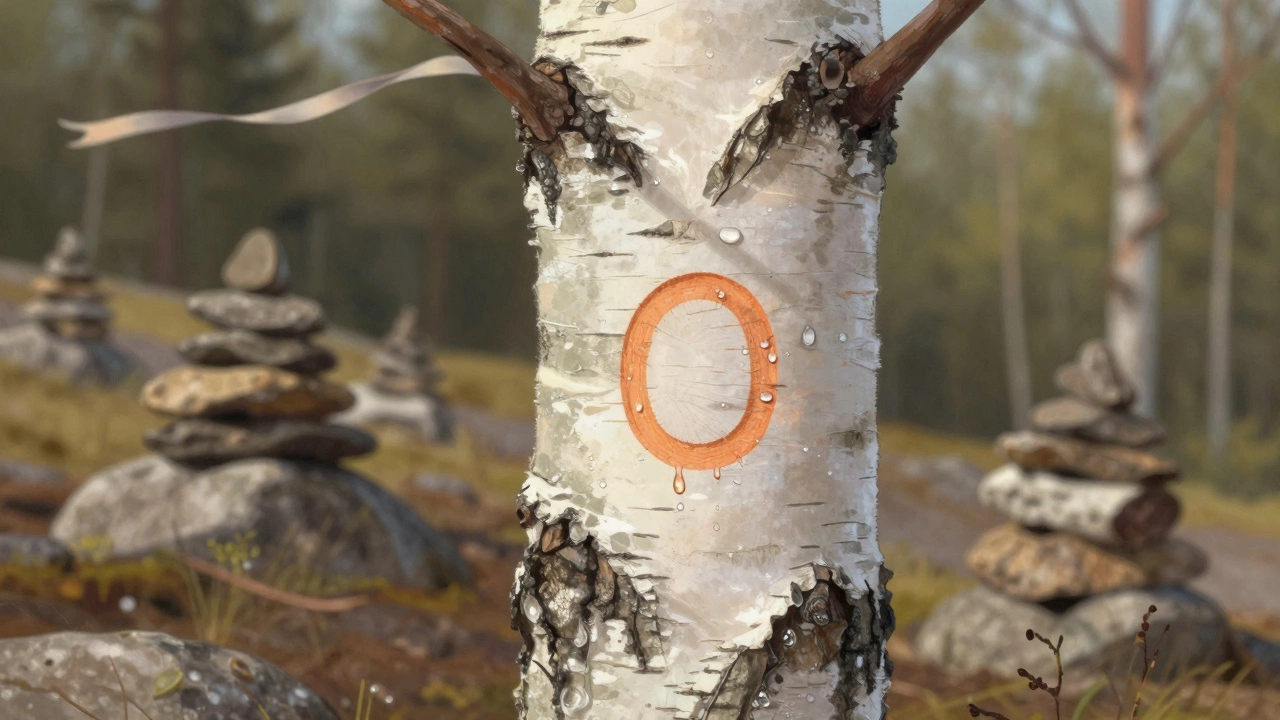 Метка на коре берёзы в виде круглого знака оранжевого цвета, с каплями росы и тканевой лентой на ветке.