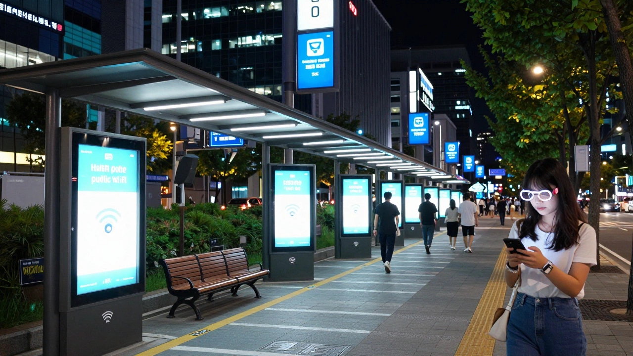 Ночной Сеул с бесплатным Wi-Fi на остановках, яркой подсветкой и людьми, использующими технологии на улице.