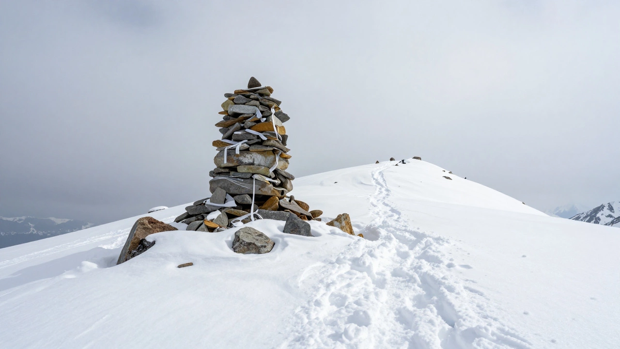 Одинокий каменный кернинг на снежном перевале, с едва заметным следом в снегу и затерявшимися лентами.