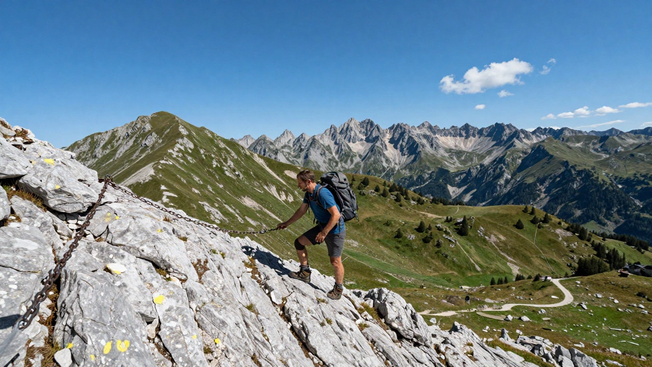 Одинокий турист держится за цепь на скалистом склоне Триглава, вокруг — горы и облака.
