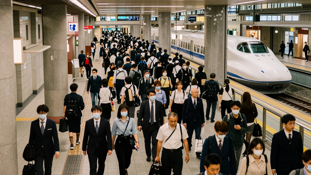 Переполненная, но спокойная станция Токио с поездами Синкансэн и идеальным порядком среди тысяч пассажиров.