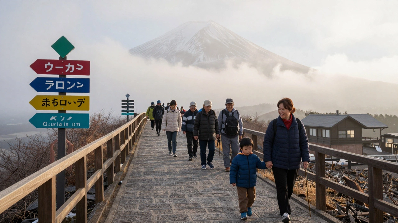 Семья с ребенком поднимается по каменистой тропе на Фудзи, видны павильоны и перила.