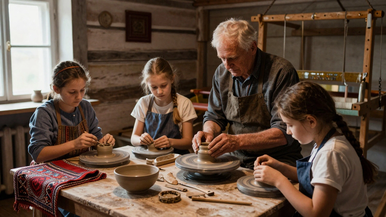 Семья учится гончарному делу в старинном русском доме, занятыми руками и деревянными инструментами.