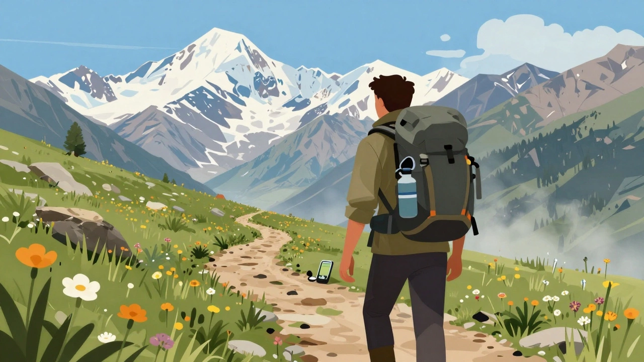 Треккер на горной тропе в Алтае с рюкзаком и GPS-устройством, окруженный природой.