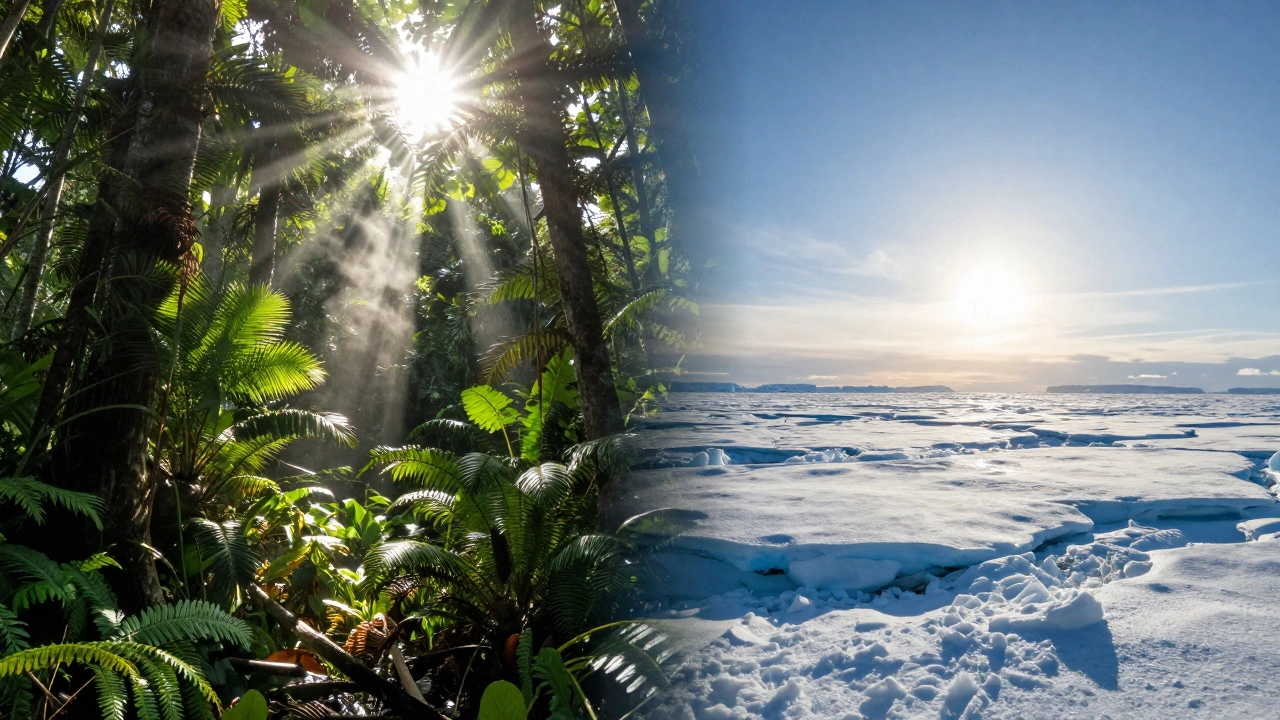 Тропический лес под ярким солнцем слева и ледяная пустыня с низким солнцем справа — контраст нагрева.