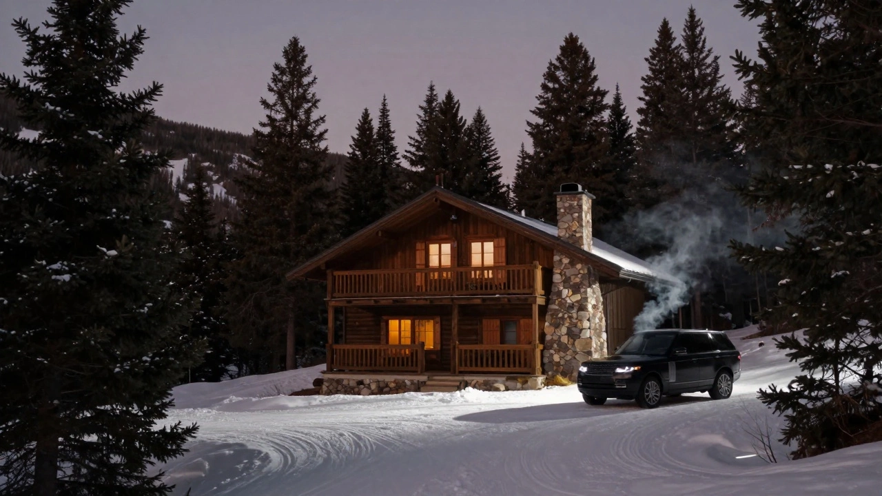 Уединённый коттедж в Вайтстриме при лунном свете, с частной лыжной трассой и внедорожником у двери.