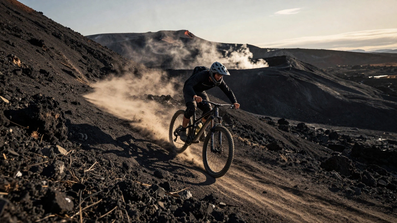 Велосипедист спускается по вулканической тропе в Камчатке, пыль и лава вокруг