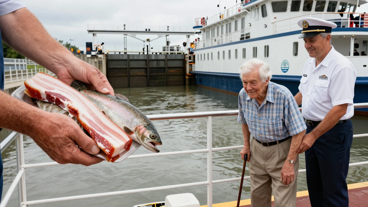 Загрузка свежих местных продуктов на борт круизного судна, экипаж помогает пассажиру, шлюз на реке.