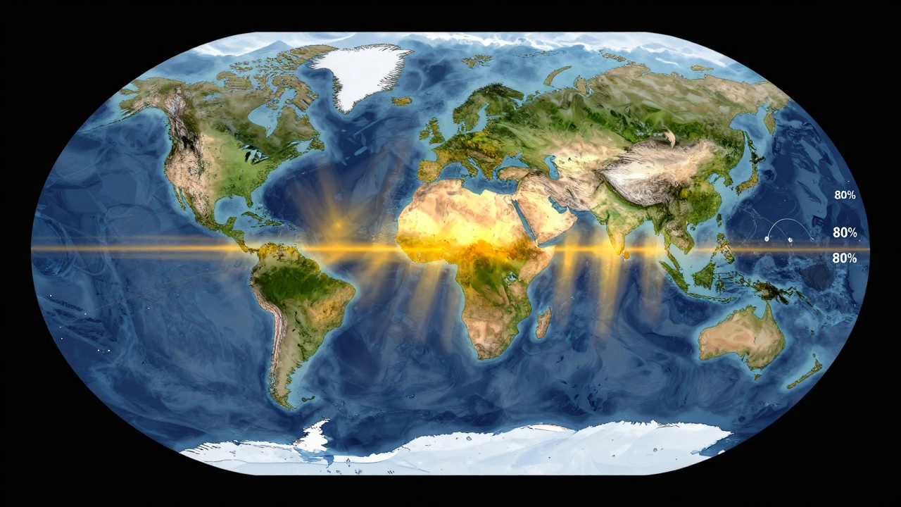 Земля из космоса: солнечные лучи поглощаются в тропиках и отражаются от льдов на полюсах.