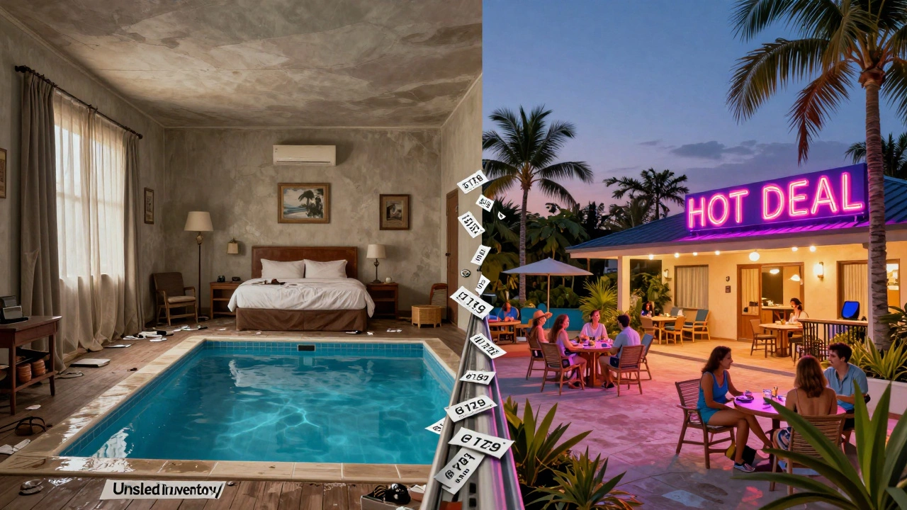 Два состояния отеля: пустой и заполненный, соединенные падающими ценами, символизирующие горящие предложения.