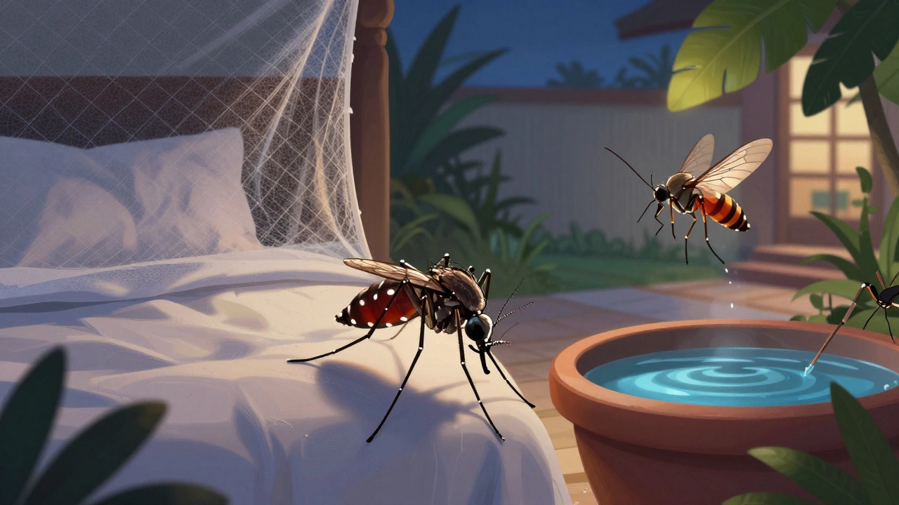 Два вида комаров — в сумерках у кровати и рядом с цветочным горшком с водой — символы тропических болезней.