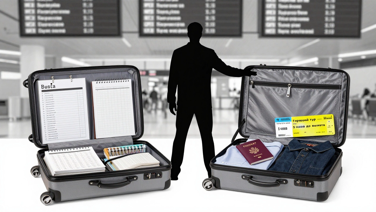 Две чемодана: один идеально упорядоченный, другой — хаотичный с билетом на горящий тур, тень человека выбирает путь непредсказуемости.