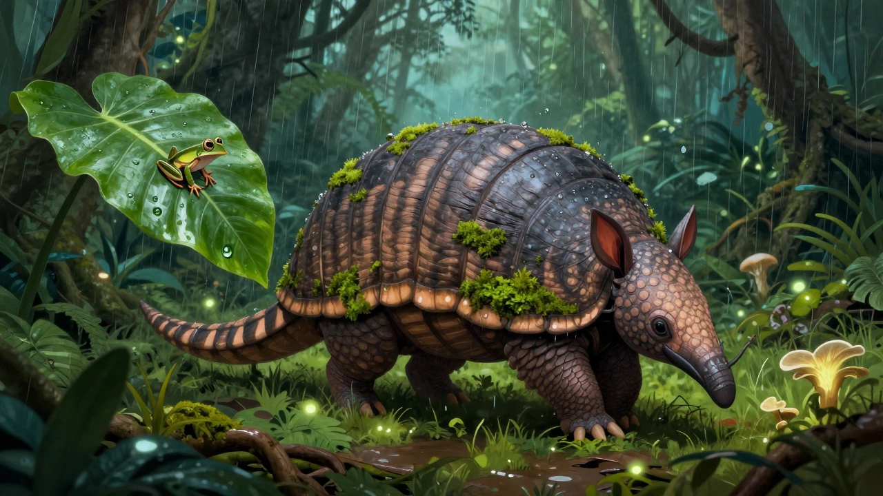 Гигантский броненосец и крошечная орхидейная лягушка в тени тропического леса под дождем.